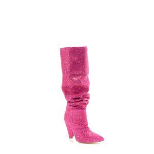 Rhinestone Pointed Toe Chunky Knee High Boots Hot Pink